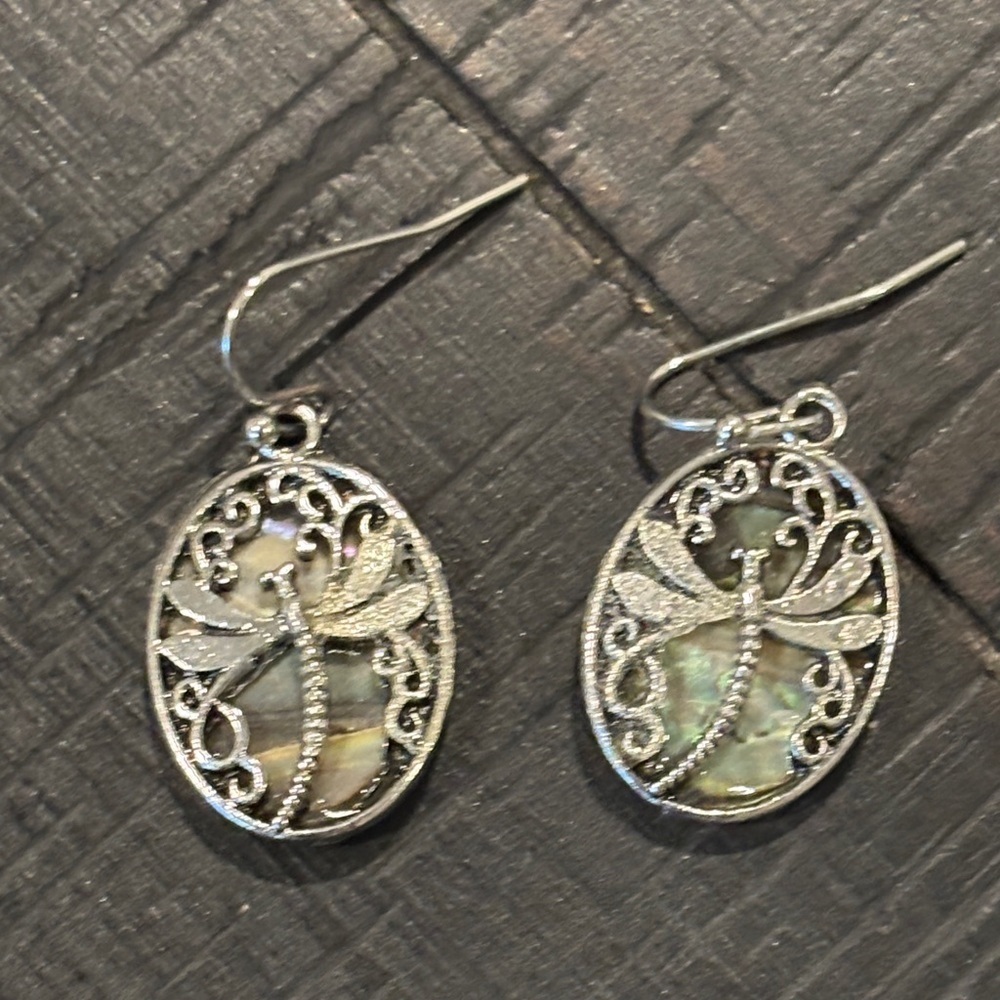 Abalone Dragonfly Dangle Silver Tone Cage Earrings